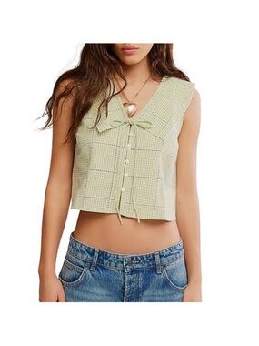 Free People Sleeveless Green Gingham Top